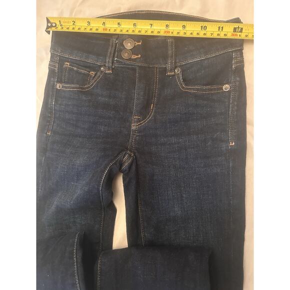 American Eagle Woman Sz 00 24x28 Jeans Low Rise Flare Dark Demin Flare Stretch - Picture 8 of 12